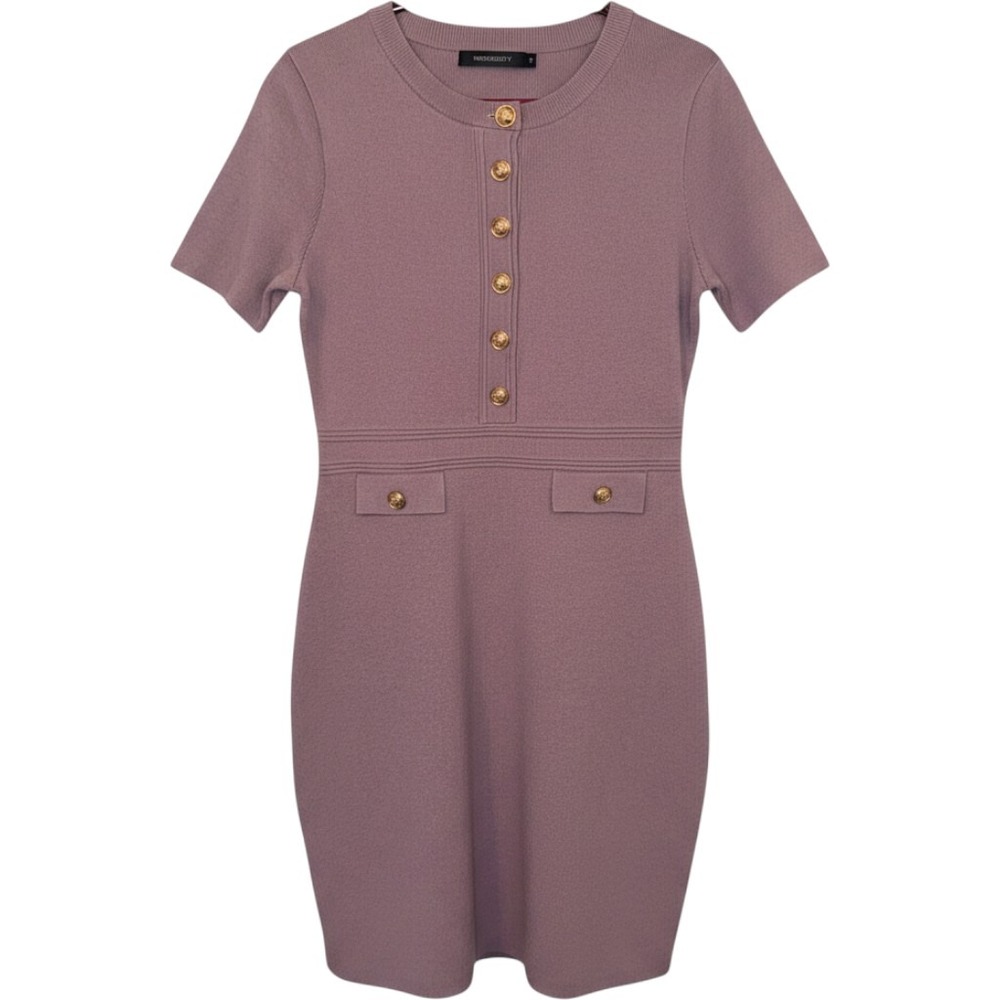 MEROKEETY‎ Knit Mini Dress Womens Medium Mauve Gold Button Short Sleeve Ribbed